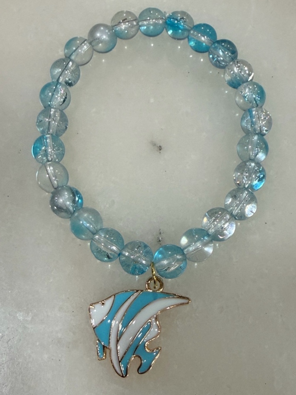 Sea Glass Blue Beaded Bracelet with Enamel Manta Charm